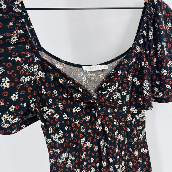 Lush Black Brown Floral Maxi Dress Flutter Sleeve V-Neck Size Medium - Picture 4 of 6